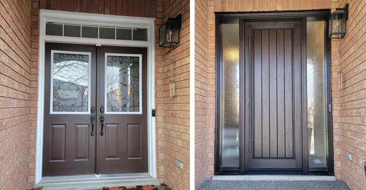 Steel double doors updated to a tall rustic stained quality fiberglass front door