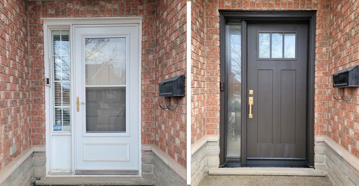 steel door with a single sidelight upgraded to the popular craftsman style fire grain fibreglass front door system